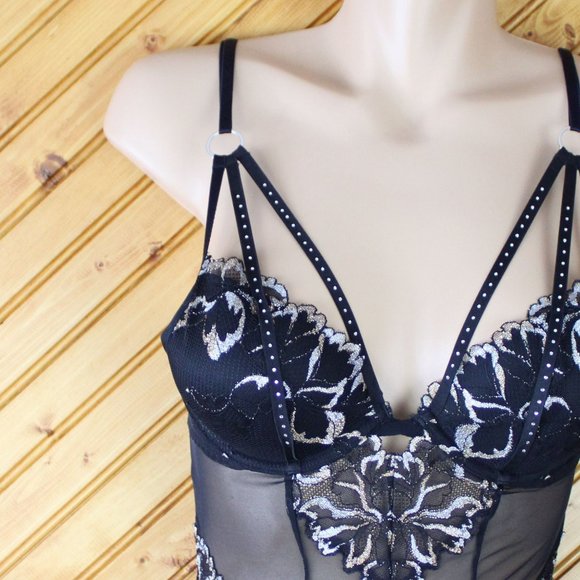 NWOT La Senza Teddy Gold Silver Floral Black Padded Underwire XS Sheer T68 - Picture 5 of 8